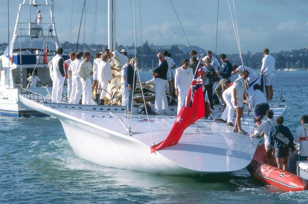 Sir Michael Fay's Big Boat KZ-1 on her launch day in Auckland 1988 © Paul Todd/Outside Images http://www.outsideimages.com