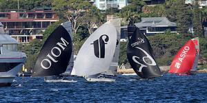 A cruise boat crossed the 18s path on the run to the finish - JJ Giltinan Trophy - Day 7, Race 6 photo copyright Frank Quealey /Australian 18 Footers League http://www.18footers.com.au taken at  and featuring the  class