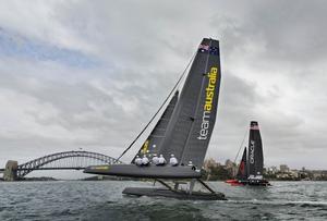Team Australia and Oracle Team USA on Sydney Harbour photo copyright  Andrea Francolini Photography http://www.afrancolini.com/ taken at  and featuring the  class