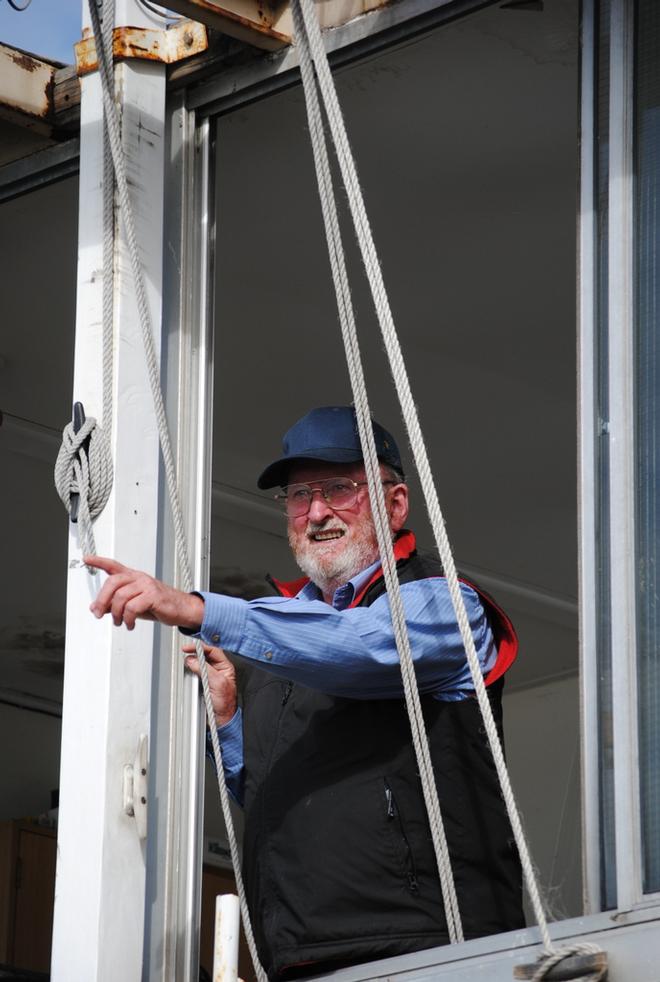 DSS officer of the day Gilbert Leitch watches the record fleet from the starter’s box at Castray Esplanade.  - Derwent Sailing Squadron’s Quantum Autumn Two-Handed Series 2014 © Peter Campbell