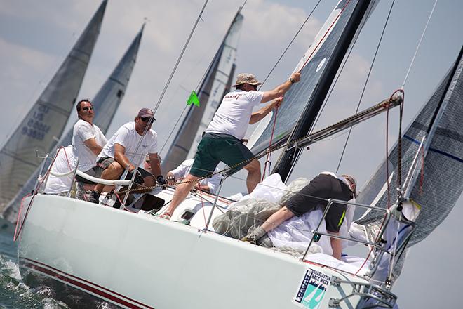 Gerry Taylor’s Cape Fear 38 Tangent goes for the spinnaker hoist well offshore Taylor has won her class at Charleston Race Week for three out of the last four years though she trails the Farr 280 Chessie Racing by 9 points. © Meredith Block/ Charleston Race Week http://www.charlestonraceweek.com/