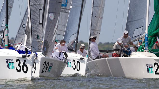 Light air meant crowded mark roundings across the inshore course here five Melges 24s stack up in the current as they round the bottom mark. © Meredith Block/ Charleston Race Week http://www.charlestonraceweek.com/