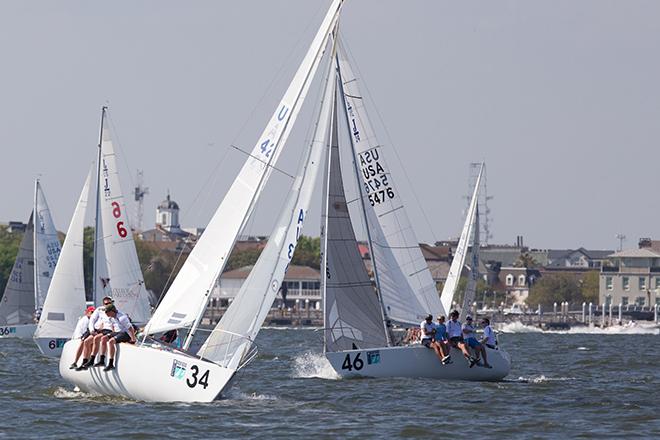 Dave Eggleton’s J/24 Blowin Smoke (Maryland) leads Velocidad (Middletown NJ) on the city front course just a few hundred yards from downtown Charleston. © Meredith Block/ Charleston Race Week http://www.charlestonraceweek.com/