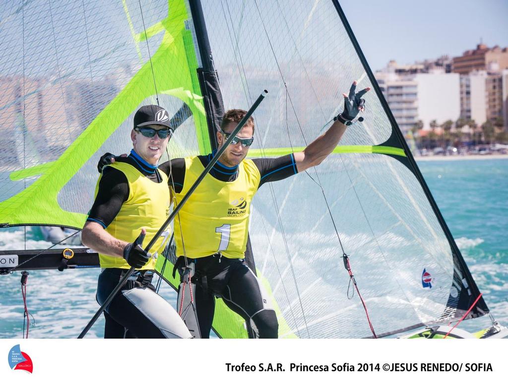 2013 World Champions, Peter Burling and Blair Tuke (NZL) celebrate their in the 49er class at the 2014 ISAF Sailing World Cup Palma photo copyright Jesus Renedo / Sofia Mapfre http://www.sailingstock.com taken at  and featuring the  class