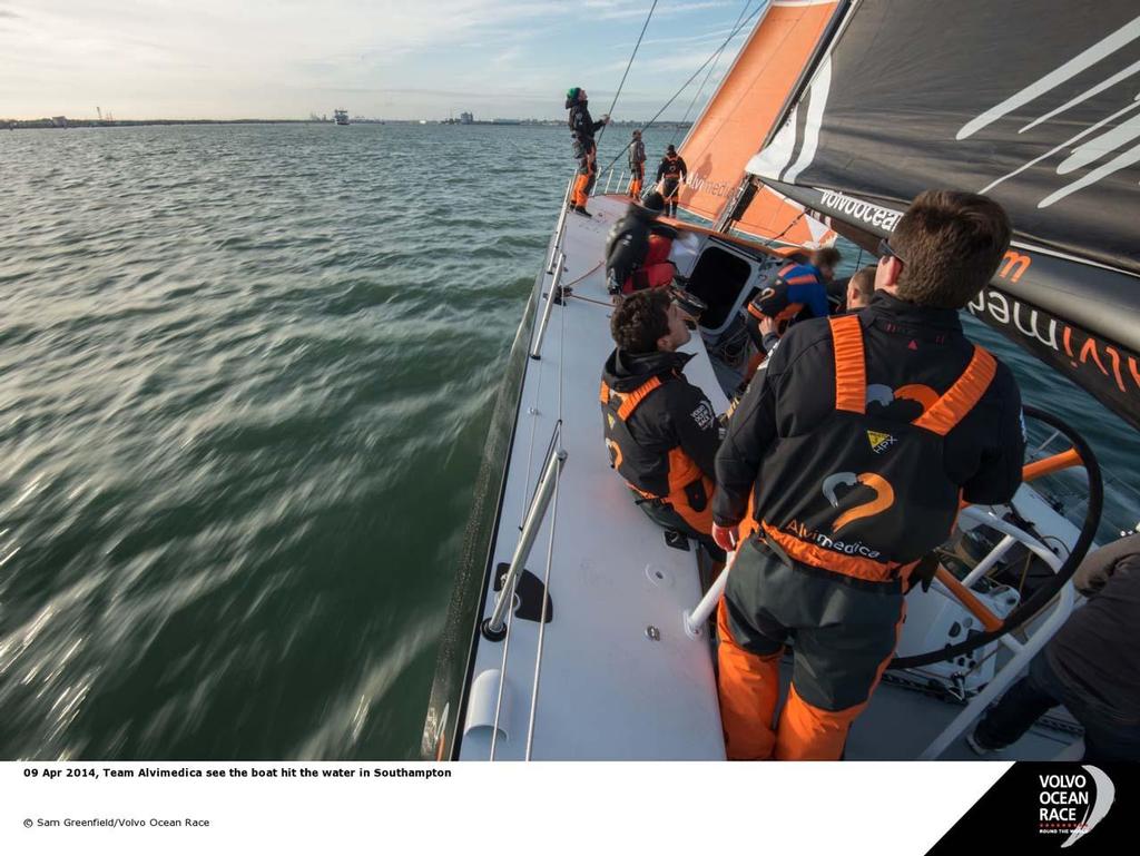 Team Alvimedica see the boat hit the water in Southampton © Sam Greenfield