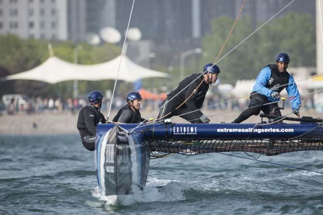 The Land Rover Extreme Sailing Series 2014. The Wave, Muscat. Skippered by Leigh McMillan (GBR) with tactician Sarah Ayton (GBR), trimer Peter Greenhalgh (GBR), headsail trimer Kinley Fowler (NZL) and bowman Nasser Al Mashari (OMA) © Lloyd Images/Extreme Sailing Series
