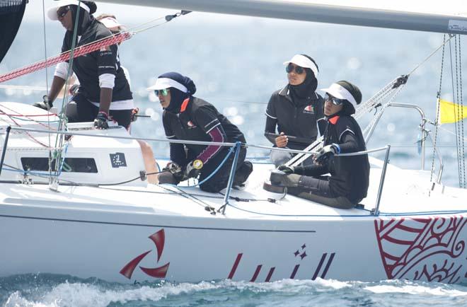 Bank Muscat Women’s Sailing Team in action during the J80 Worlds. Marseille. © Antony Jones / Lloyd images -