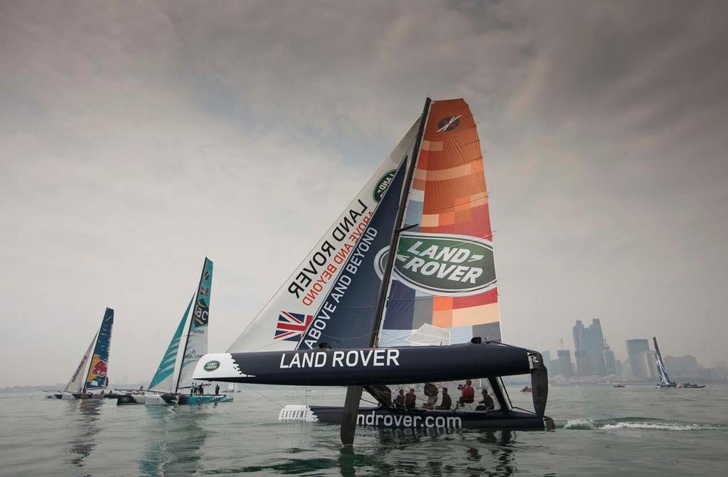The fleet will race in Fushan Bay for the Land Rover Extreme Sailing Series™ Act 3 Qingdao, for the ’Double Star Mingren’ Cup from 1-4 May 2014. © Lloyd Images