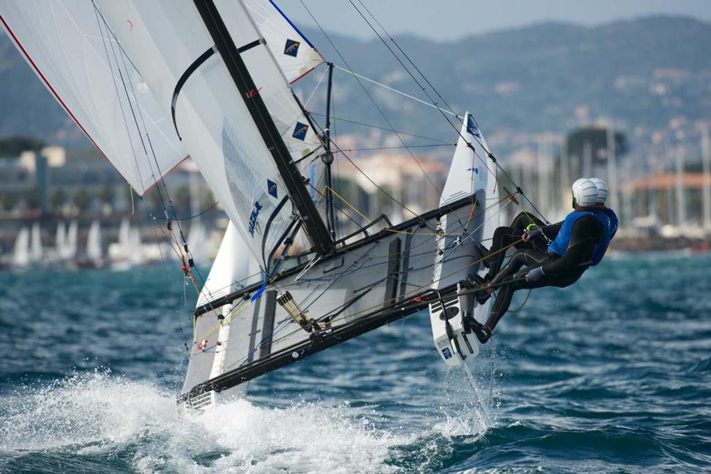 Nacra 17 - 2014 ISAF Sailing World Cup Hyeres, day 2 photo copyright  Franck Socha / ISAF Sailing World Cup Hyeres http://swc.ffvoile.fr/ taken at  and featuring the  class