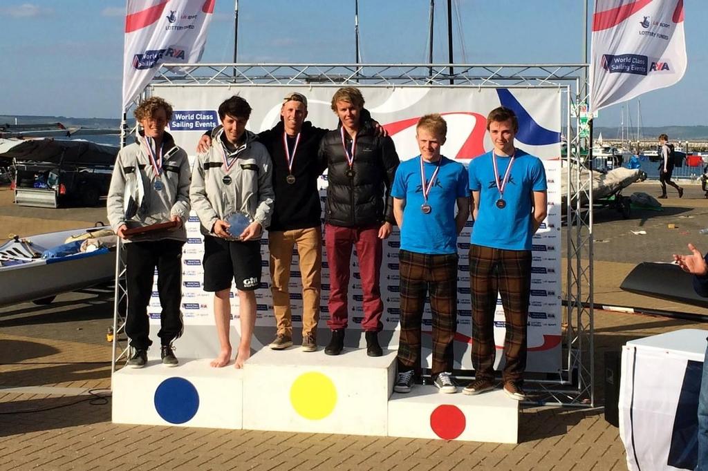 Markus Somerville and Isaac McHardie receive their Gold medals 29er class 2014 RYA Youth Championships © SW