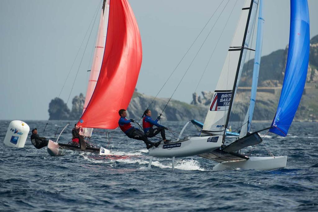 GBR60 Ben Saxton and Hannah Diamond, Nacra 17 - 2014 ISAF Sailing World Cup Hyeres, day 2 photo copyright  Franck Socha / ISAF Sailing World Cup Hyeres http://swc.ffvoile.fr/ taken at  and featuring the  class