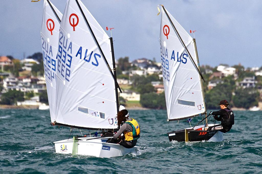 Australians go left - Day 5, 2014 Toyota Optimist Championships, Manly SC photo copyright Richard Gladwell www.photosport.co.nz taken at  and featuring the  class