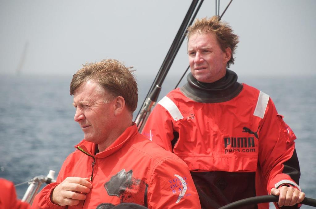 Navigator Andrew Cape and skipper Ken Read, with Delta Lloyd on the horizon, onboard PUMA Ocean Racing, on leg 7 from Boston to Galway 2011/12 Volvo Ocean Race<br />
<br />
The Volvo Ocean Race 2008-09 will be the 10th running of this ocean marathon. Starting from Alicante in Spain, on 4 October 2008, it will, for the first time, take in Cochin, India, Singapore and Qingdao, China before finishing in St Petersburg, Russia for the first time in © Volvo Ocean Race http://www.volvooceanrace.com