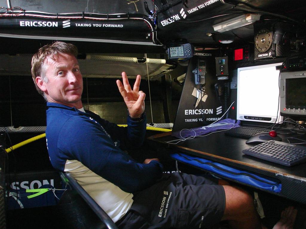 Andrew Cape is letting us know he is the 3rd navigator aboard Ericsson and he is looking pretty comfortable in the navstaion.
Leg 8 round the British Isles and finish in Rotterdam, NDL. ***EDITORIAL USE ONLY*** © Volvo Ocean Race 2005-2006  

For further images please visit http://images.volvooceanrace.org
 photo copyright Volvo Ocean Race http://www.volvooceanrace.com taken at  and featuring the  class