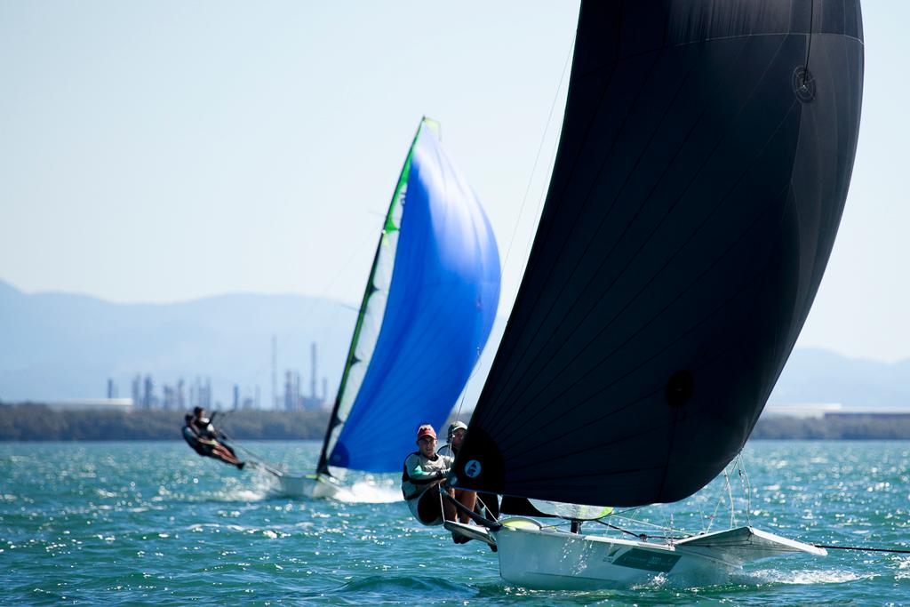 49ers racing downwind in light gusty conditions  - Sail Brisbane 2014  © Andrew Gough