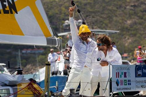  Left to right: Paul Meilhat and Gwenolé Gahinet celebrate their win at the end of the Transat AG2R La Mondiale from Concarneau to St. Barthelemy in the Caribbean. © Alexis Courcoux