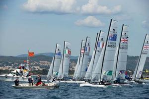 Nacra 17 fleet - 2014 ISAF Sailing World Cup Hyeres photo copyright Franck Socha taken at  and featuring the  class