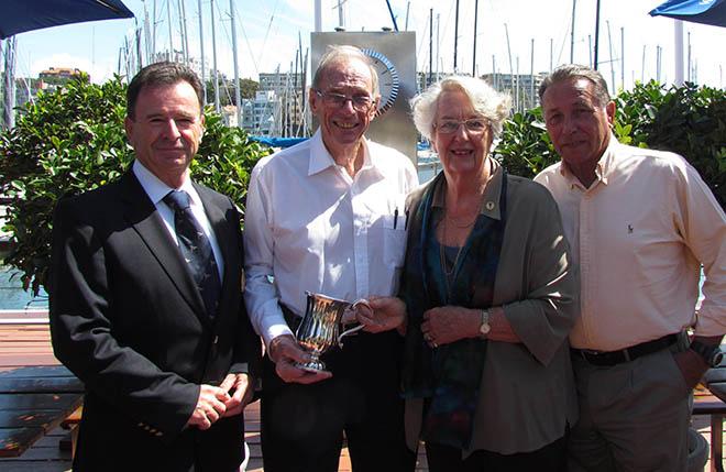 Michael and Jeanette York (centre) present the York Family Corinthian trophy to CYCA Commodore Howard Piggott (left) and Vice Commodore John Cameron (far right). © CYCA Staff .