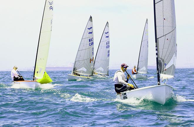 Caleb Paine leads Henry  Sprague (l.) and Greg Douglas - Finn Class North American Championships 2014 © Rich Roberts