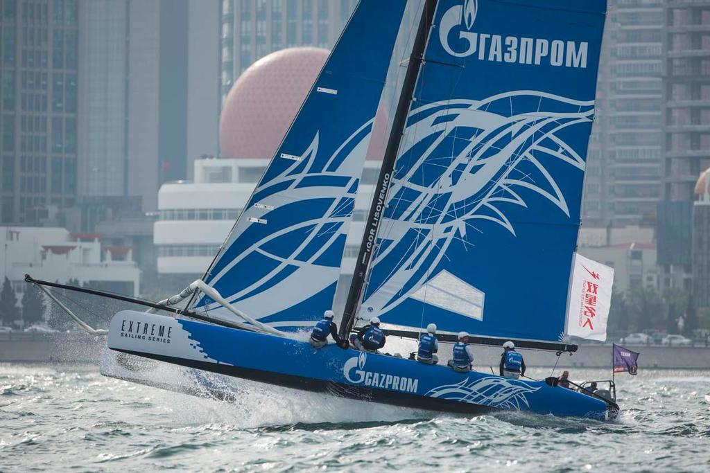 Gazprom Team Russia punch their way through the swell on the penultimate day in Qingdao, China - 2014 Extreme Sailing Series Act 3 photo copyright Lloyd Images/Extreme Sailing Series taken at  and featuring the  class