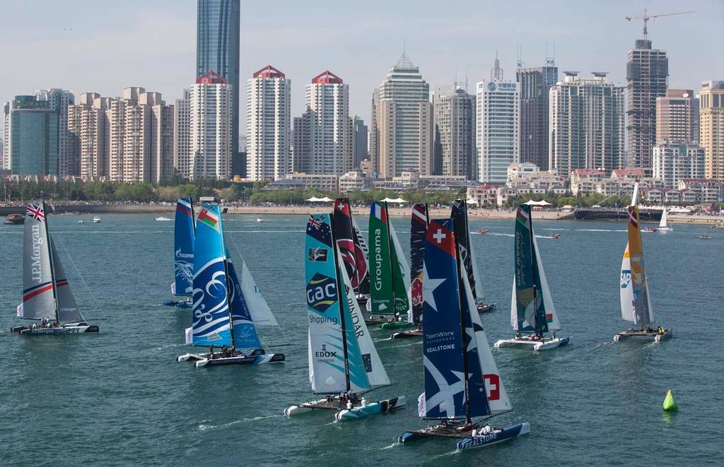 The fleet struggled to master the challenging reaching starts on the Qingdao stadium - 2014 Extreme Sailing Series Act 3 photo copyright Lloyd Images/Extreme Sailing Series taken at  and featuring the  class