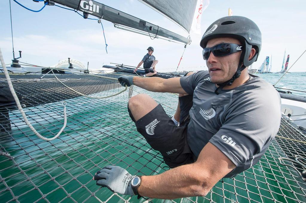 On board the Emirates Team New Zealand Extreme 40 on day three of the Land Rover Extreme Sailing Series regatta in Qingdao, China. 3/5/2014 photo copyright Chris Cameron/ETNZ http://www.chriscameron.co.nz taken at  and featuring the  class