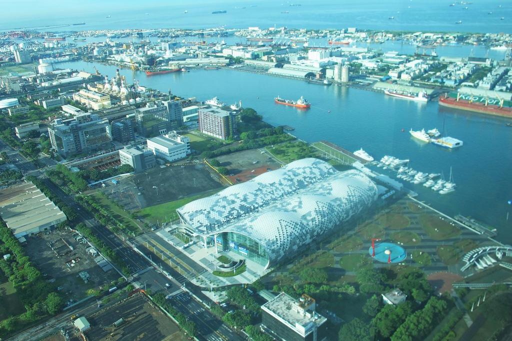 Taiwan International Boat Show 2014 - aerial view of the Big Shed, in-water boats just in front  © Suzy Rayment