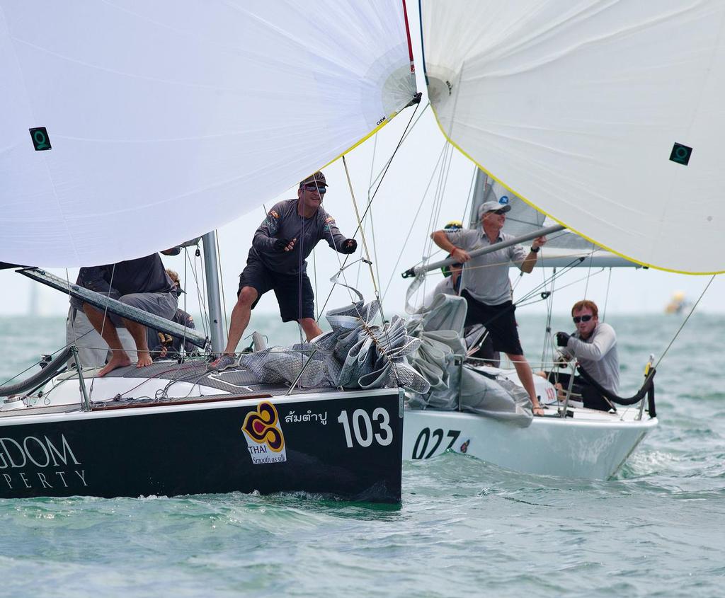 TOP OF THE GULF REGATTA 2014 - Kingdom Property and East Tiger in a gybing duel for the finish photo copyright Guy Nowell/Top of the Gulf taken at  and featuring the  class