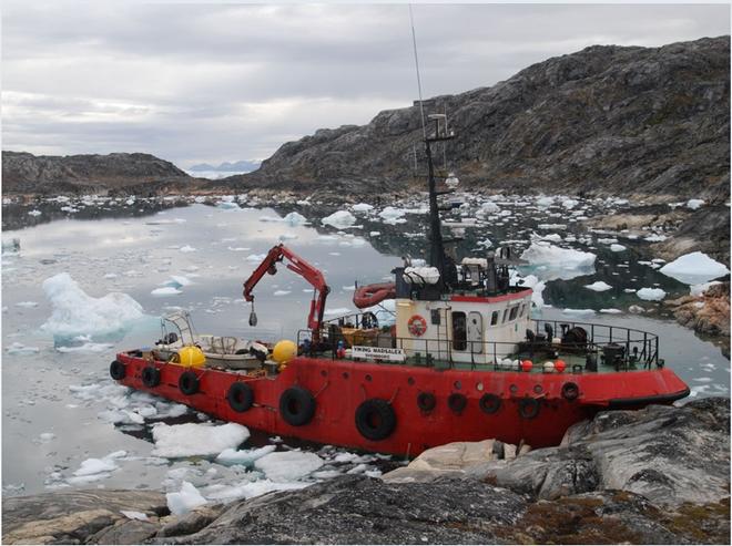 The M/V Viking Madsalex, which was used to collect the oceanic measurements for this study in 2011 and 2012, in Sermilik Fjord, near the terninus of Helheim Glacier. - Understanding the Ocean's role in Greenland Glacier melt © William Ostrom, Woods Hole Oceanographic