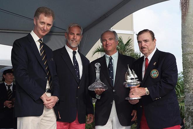 His Excellency Mr George Fergusson, Governor of Bermuda. presenting the Onion Patch trophy to Rives Potts (Carina), Andrew Weiss (Christopher Dragon)  and Jim Bishop (Gold Digger)  at the 2012 prizegiving © Barry Pickthall / PPL