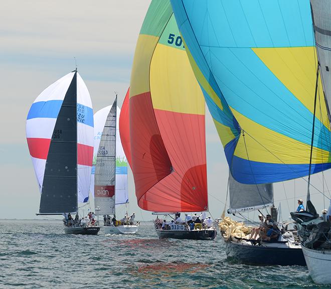 Carina with her red, white and blue spinnaker led her class at the start on Friday.  ©  Talbot Wilson / PPL