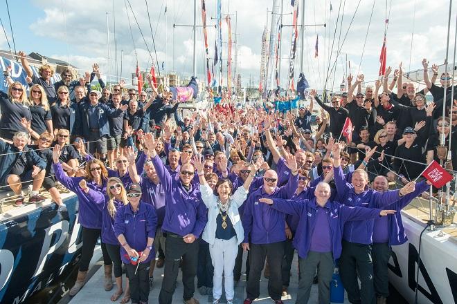 The crew of Derry-Londonderry-Doire and the Mayor Councillor Brenda Stevenson pictured at Foyle Marina as the crews of the Clipper Round the World Yacht Race prepared to slip lines.  © Martin McKeown, Clipper Race