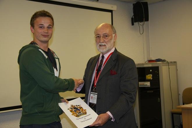 Harry Cook being presented with his winning certificate.  © Southampton Solent University http://www.solent.ac.uk/