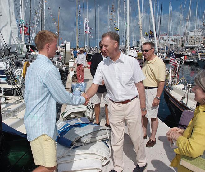 Governor  George Fergusson also caught up with crew members from the US Navy Acadamy yacht Constellation..  © Barry Pickthall / PPL