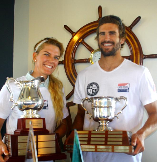 Paige Railey and Charlie Buckingham with Helen Willis Hanley and  George D. O'Day trophies as  U.S. Singlehanded champions © Rich Roberts