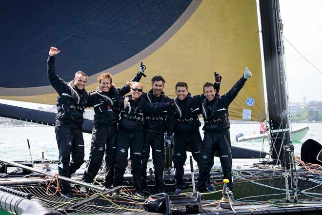 Ladycat powered by Spindrift racing celebrating their victory at the Bol d'Or MIrabaud 2014 © Chris Schmid/Spindrift Racing