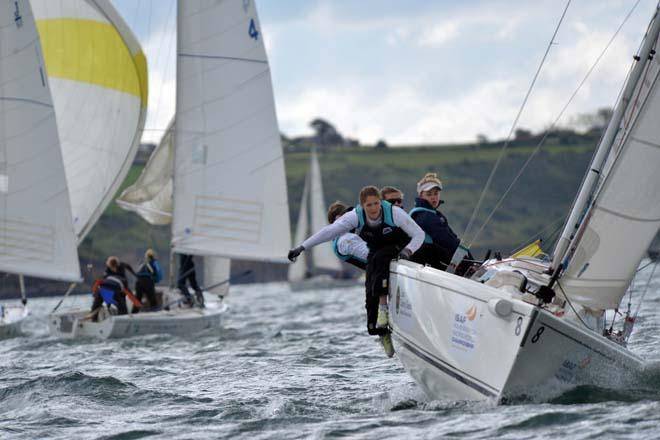 The NZL team of Claudia Pierce, Diana Kissane, Isabella Morehead, Ellen Cahill beating to the weather mark in the 2014 ISAF Women's Match Racing World Championship at the Royal Cork Yacht Club. © Michael Mac Sweeney/Provision