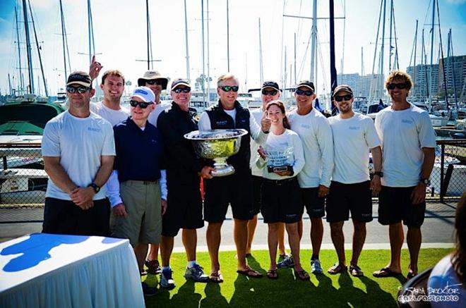 Owner-drive Alex Roepers and his crew accept the California Cup, which has been presented annually by California Yacht Club since 1963. © Sarah Proctor