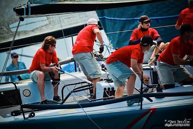 Skipper Helmut Jahn (holding tiller) and his team on Flash Gordon 6 had a strong final day and moved from third to second in the overall standings. © Sarah Proctor