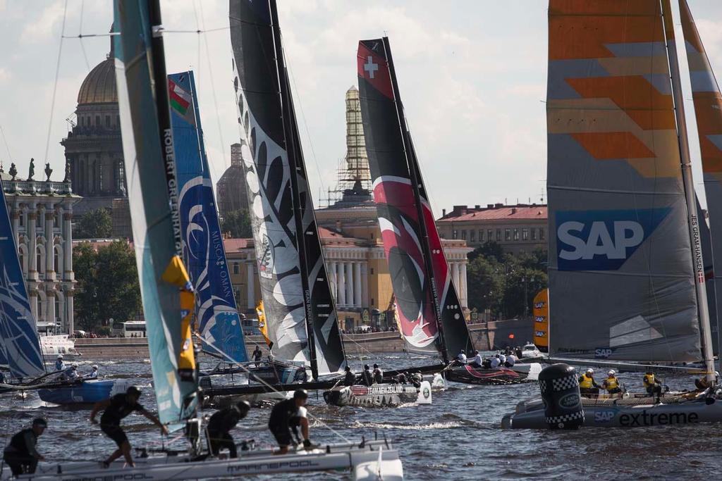 The Extreme 40 fleet battled it out in the Saint Petersburg Stadium on the penultimate day of racing in Russia. © Lloyd Images/Extreme Sailing Series