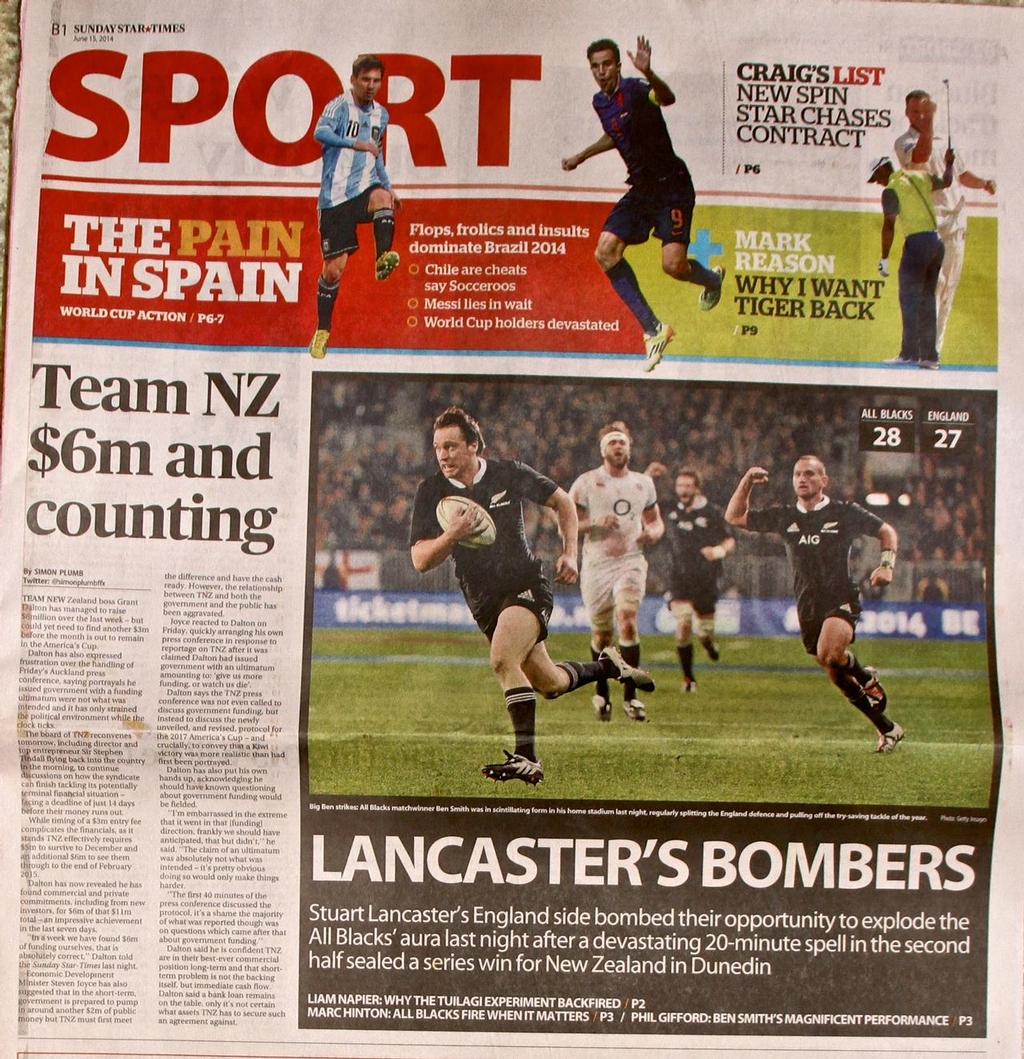 Sunday Star Times front page with Team NZ forcing a rugby story off the front sports page photo copyright Richard Gladwell www.photosport.co.nz taken at  and featuring the  class
