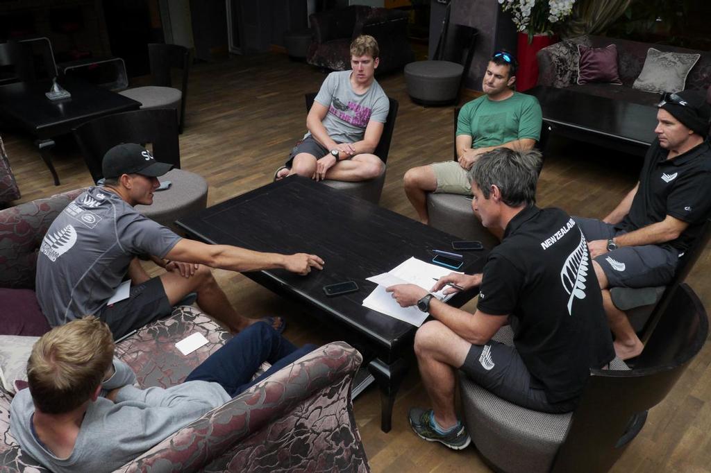 Emirates Team New Zealand sailing team has a pre race briefing in the hotel before day 1 of racing in Act 4 of the Extreme Sailing Series in St Petersburg, Russia © Hamish Hooper/Emirates Team NZ http://www.etnzblog.com