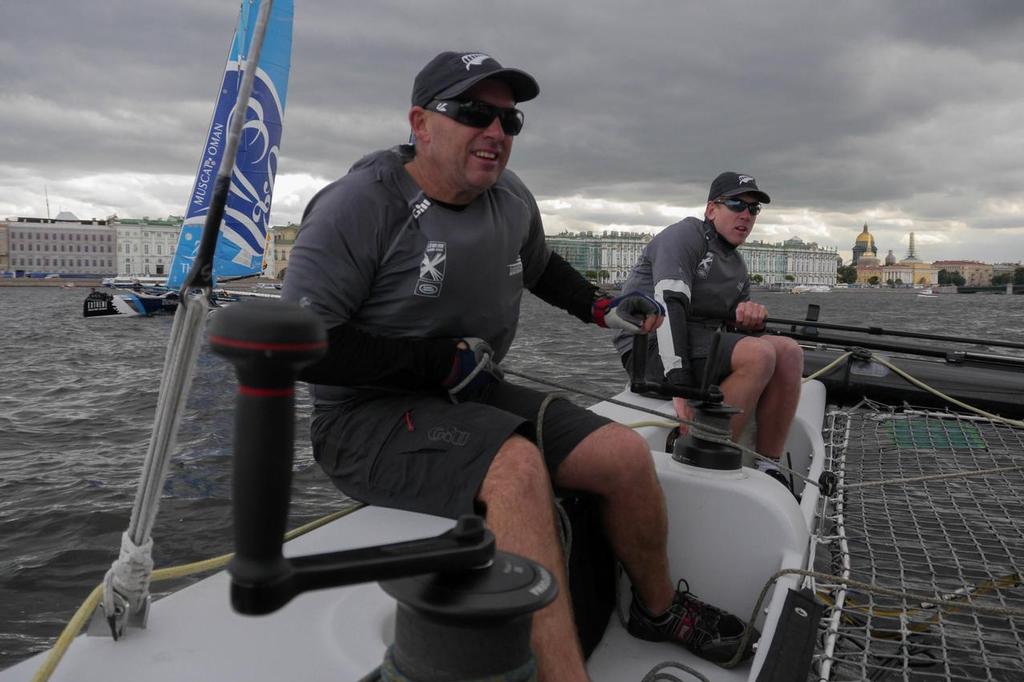 Ray Davies & Peter Burling racing during day one in Act 4 of the Extreme Sailing Series in St Petersburg, Russia © Hamish Hooper/Emirates Team NZ http://www.etnzblog.com