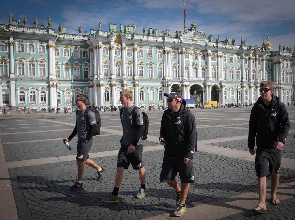 Emirates Team New Zealand crew take an alternate route to the race village past the Winter Palace on day 3 of Act 4 of the Extreme Sailing Series in St Petersburg, Russia photo copyright Hamish Hooper/Emirates Team NZ http://www.etnzblog.com taken at  and featuring the  class