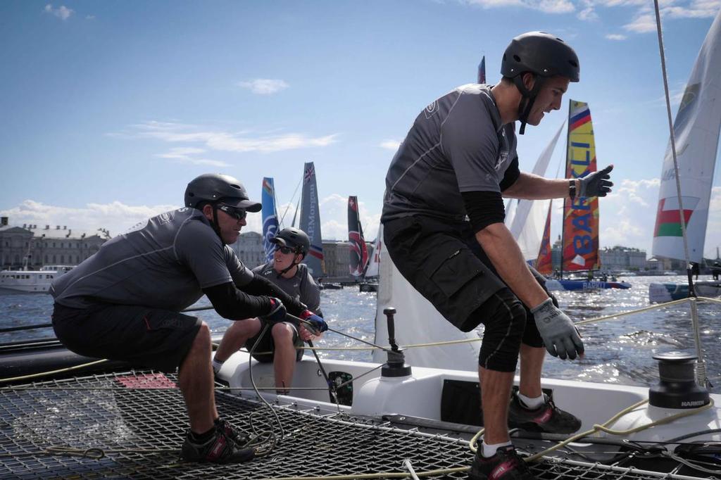 Helmsan Peter Burling, Tactitian Ray Davies & Trimmer Blair Tuke in action during racing on day 3 of Act 4 of the Extreme Sailing Series in St Petersburg, Russia © Hamish Hooper/Emirates Team NZ http://www.etnzblog.com