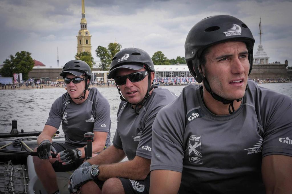 Peter Burling, Ray Davies, & Blair Tuke take a breather between races  on the final day of Act 4 of the Extreme Sailing Series in St Petersburg, Russia photo copyright Hamish Hooper/Emirates Team NZ http://www.etnzblog.com taken at  and featuring the  class