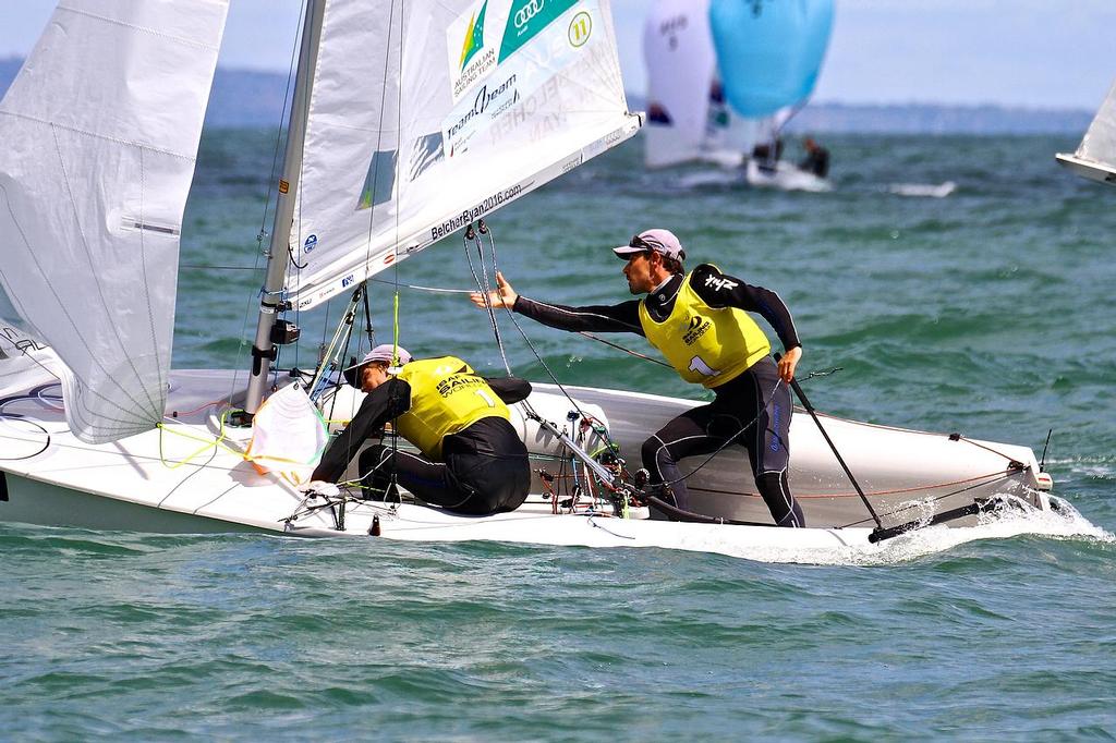 Ryan and Belcher hard at work during the ISAF Sailing World Cup, Melbourne 2014. © Richard Gladwell www.photosport.co.nz