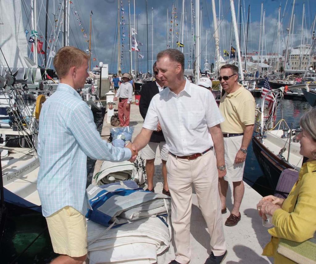 Governor  George Fergusson also caught up with crew members from the US Navy Acadamy yacht Constellation. 2014 Newport Bermuda Race © Barry Pickthall/PPL http://www.pplmedia.com