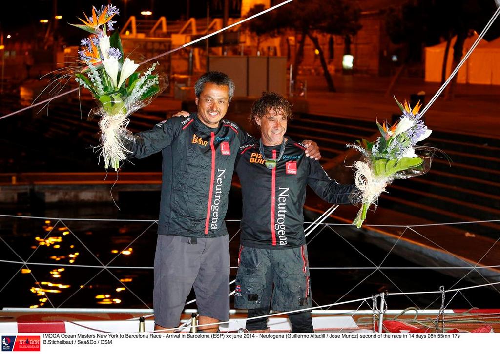 Arrival in Barcelona (ESP) xx June 2014 -  Neutogena (Guillermo Atadill - Jose Munoz) second of the race in 14 days 06 hours 55 minutes 17 seconds. - IMOCA Ocean Race Masters New York to Barcelona 2014 photo copyright B.Stichelbaut / Sea&Co taken at  and featuring the  class