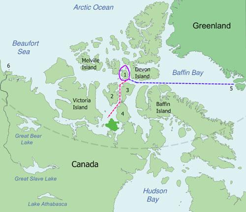 Map of the probable routes taken by HMS Erebus and HMS Terror during Franklin's lost expedition. © SW